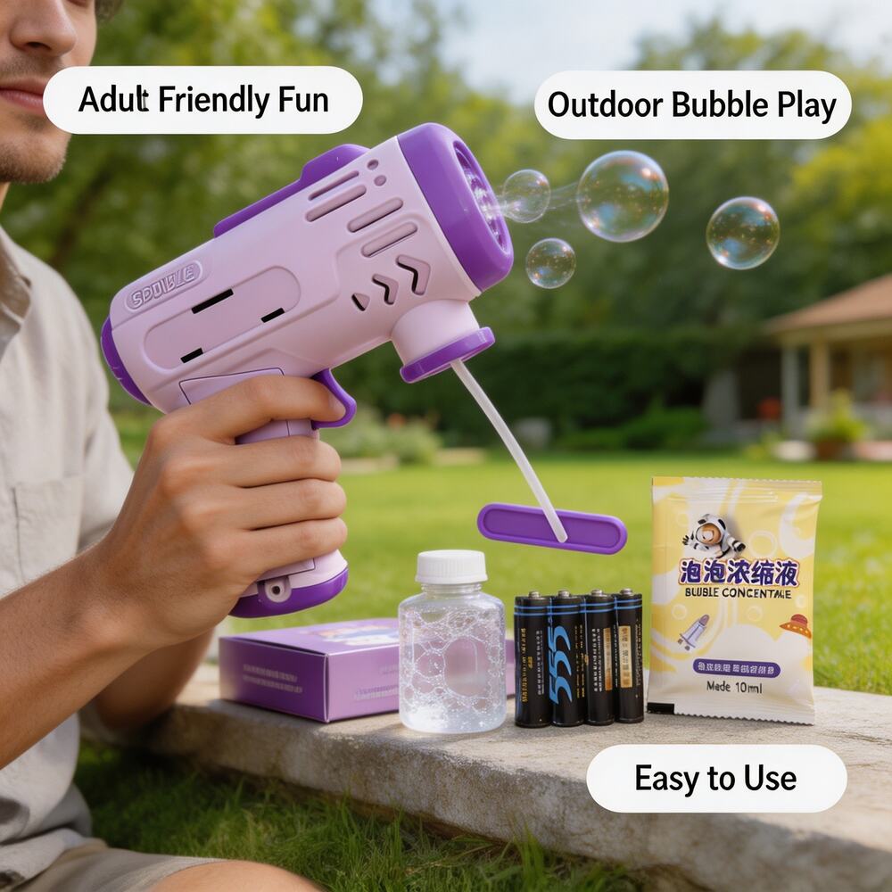 Purple Kids Automatic Bubble Gun with Concentrate Stickers Outdoor Toy Gift